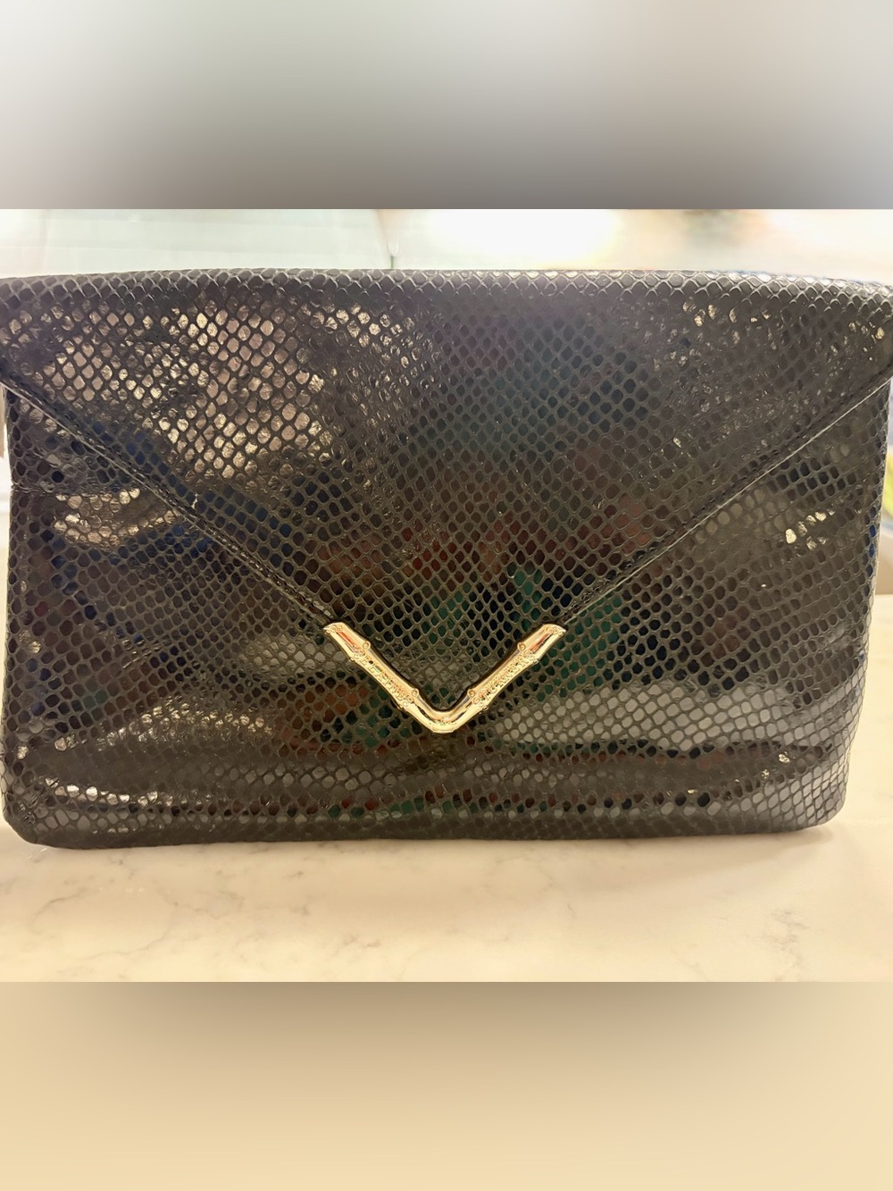 Elaine Turner Black Faux Snakeskin Envelope Clutch Gold Hardware